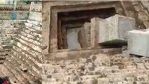 ಶಿವನ ಮೂರ್ತಿ ಹೊತ್ತ ಗೋಪುರ ಕುಸಿತ: ಸ್ವಯಂ ಸೇವಕರು ಅಪಾಯದಿಂದ ಪಾರು