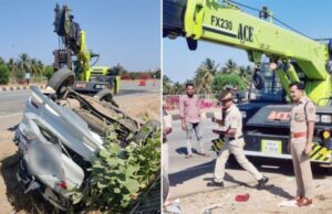 ಕಾರಿನ ಚಕ್ರ ಒಡೆದು ಡಿವೈಡರ್ ಗೆ ಡಿಕ್ಕಿಯಾಗಿ ಚರಂಡಿಗೆ ಬಿದ್ದ ಕಾರು: ಇಬ್ಬರ ಸಾವು