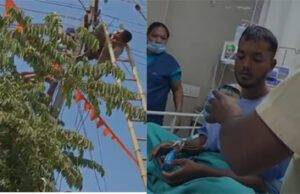 ವಿದ್ಯುತ್ ಕಂಬದಲ್ಲೇ ಸಿಲುಕಿ ಲೈನ್ ಮ್ಯಾನ್ ಒದ್ದಾಟ: ಸ್ಥಳೀಯರಿಂದ ರಕ್ಷಣೆ