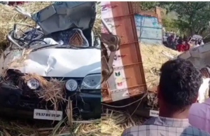 ನಿಯಂತ್ರಣ ತಪ್ಪಿ ಕಾರಿನ ಮೇಲೆ ಪಲ್ಟಿಯಾದ ಕಬ್ಬು ತುಂಬಿದ ಲಾರಿ: ಸ್ಥಳದಲ್ಲೇ ಮೂವರ ಸಾವು