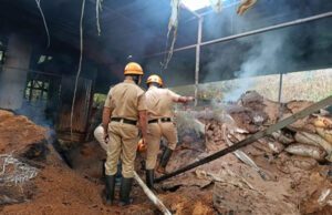 ಮರದ ಪುಡಿ ದಾಸ್ತಾನು ಘಟಕಕ್ಕೆ ಬೆಂಕಿ: ಅಗ್ನಿಶಾಮಕ ಸಿಬ್ಬಂದಿ ದೌಡು