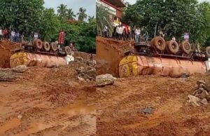 ಉಡುಪಿ: ಸಂತೆಕಟ್ಟೆ ಬಳಿ ಮಗುಚಿ ಬಿದ್ದ ಟ್ಯಾಂಕರ್