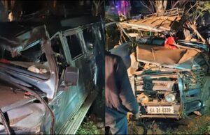 ಮರಕ್ಕೆ ಡಿಕ್ಕಿ ಹೊಡೆದು ಕ್ರೂಸರ್ ಪಲ್ಟಿ: ಇಬ್ಬರ ಸಾವು, 15ಕ್ಕೂ ಹೆಚ್ಚು ಜನರಿಗೆ ಗಾಯ