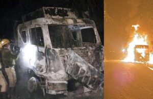 ರಾಷ್ಟ್ರೀಯ ಹೆದ್ದಾರಿ 63ರಲ್ಲಿ ಹೊತ್ತಿ ಉರಿದ ಲಾರಿ: ಅಪಾರ ಪ್ರಮಾಣದ ಸೊತ್ತು ಬೆಂಕಿಗಾಹುತಿ