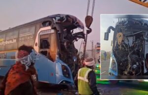 ರಸ್ತೆ ಕಾಣದೆ ಟ್ರಕ್ ಗೆ ಡಿಕ್ಕಿ ಹೊಡೆದ ಬಸ್, 10 ಮಂದಿಯ ಸ್ಥಿತಿ ಗಂಭೀರ