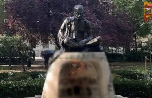 ಮಹಾತ್ಮ ಗಾಂಧಿ ಪ್ರತಿಮೆಗೆ ಅಪಚಾರ – ಭಾರತ ವಿರೋಧಿ ಬರಹದಿಂದ ವಿಕೃತಿ