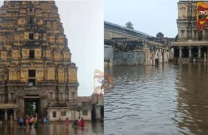 ಹಂಪಿ ವಿರೂಪಾಕ್ಷ ದೇಗುಲದ ಆವರಣದಲ್ಲಿ ನಿಂತ ಮಳೆ ನೀರು