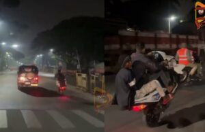 ಪೊಲೀಸರ ಕಣ್ಣೆದುರೇ ಯುವಕರು ಡೆಡ್ಲಿ ಬೈಕ್ ವ್ಹೀಲಿಂಗ್..!