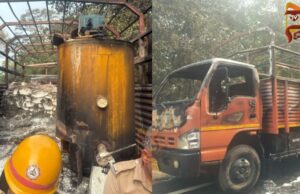 ಹೆದ್ದಾರಿಯಲ್ಲಿ ಸ್ಫೋಟಗೊಂಡ ಸಿಲಿಂಡರ್ – ಲಾರಿ ಬೆಂಕಿಗಾಹುತಿ