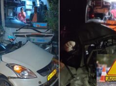 ಕಾರು, ಬಸ್ ಮಧ್ಯೆ ಭೀಕರ ಅಪಘಾತ – ಮೂವರು ಸಾವು..!