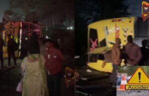 ಡಿವೈಡರ್ಗೆ ಡಿಕ್ಕಿಯಾಗಿ ಖಾಸಗಿ ಬಸ್ ಪಲ್ಟಿ – ಇಬ್ಬರಿಗೆ ಗಾಯ..!