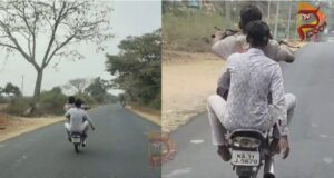 ರಸ್ತೆ ಮಧ್ಯೆ ವ್ಹೀಲಿಂಗ್ – ವಾಹನ ಸವಾರರಿಗೆ ಕಿರಿಕಿರಿ..!