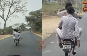 ರಸ್ತೆ ಮಧ್ಯೆ ವ್ಹೀಲಿಂಗ್ – ವಾಹನ ಸವಾರರಿಗೆ ಕಿರಿಕಿರಿ..!