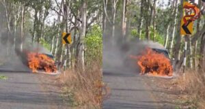 ಚಲಿಸುತ್ತಿದ್ದ ಕಾರಿನಲ್ಲಿ ಏಕಾಏಕಿ ಬೆಂಕಿ – ಸುಟ್ಟು ಕರಕಲು