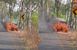 ಚಲಿಸುತ್ತಿದ್ದ ಕಾರಿನಲ್ಲಿ ಏಕಾಏಕಿ ಬೆಂಕಿ – ಸುಟ್ಟು ಕರಕಲು