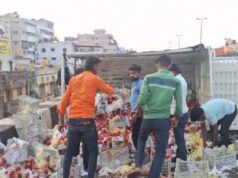 ಗೂಡ್ಸ್ ವಾಹನ ಪಲ್ಟಿ – ಮೌಲ್ಯದ ಸೇಬುಗಳು ರಸ್ತೆ ಪಾಲು