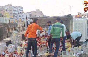 ಗೂಡ್ಸ್ ವಾಹನ ಪಲ್ಟಿ – ಮೌಲ್ಯದ ಸೇಬುಗಳು ರಸ್ತೆ ಪಾಲು