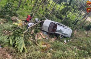 ನಿಯಂತ್ರಣ ತಪ್ಪಿ ಅಡಿಕೆ ತೋಟಕ್ಕೆ, ಬಿದ್ದ ಕಾರು – ಚಾಲಕನಿಗೆ ಗಂಭೀರ ಗಾಯ