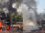 ಮುಖಾಮುಖಿ ಡಿಕ್ಕಿ, ಹೊತ್ತಿಯುರಿದ ಖಾಸಗಿ ಬಸ್, ಕಾರು – ಸಜೀವ ದಹನ