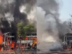 ಮುಖಾಮುಖಿ ಡಿಕ್ಕಿ, ಹೊತ್ತಿಯುರಿದ ಖಾಸಗಿ ಬಸ್, ಕಾರು – ಸಜೀವ ದಹನ