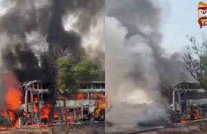 ಮುಖಾಮುಖಿ ಡಿಕ್ಕಿ, ಹೊತ್ತಿಯುರಿದ ಖಾಸಗಿ ಬಸ್, ಕಾರು – ಸಜೀವ ದಹನ