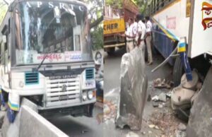 ಡಿವೈಡರ್ಗೆ ಡಿಕ್ಕಿ ಹೊಡೆದ ಆಂಧ್ರ ಸಾರಿಗೆ ಬಸ್ – ಪ್ರಯಾಣಿಕರು ಸೇಫ್..!